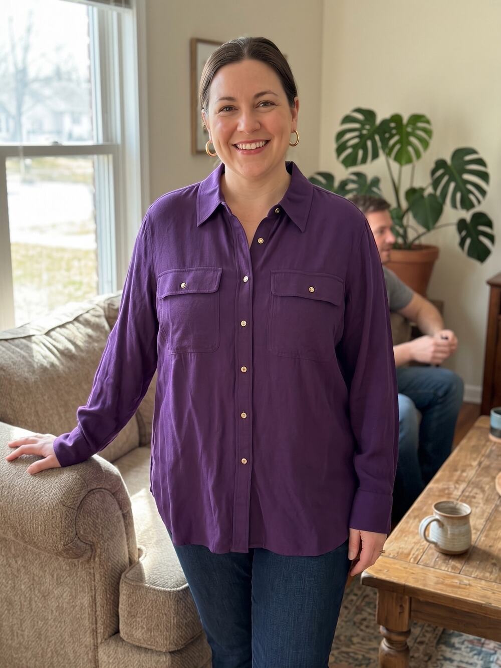 Lauren Ralph Lauren XL Purple Viscose Button Down Shirt Utility Flap Pockets